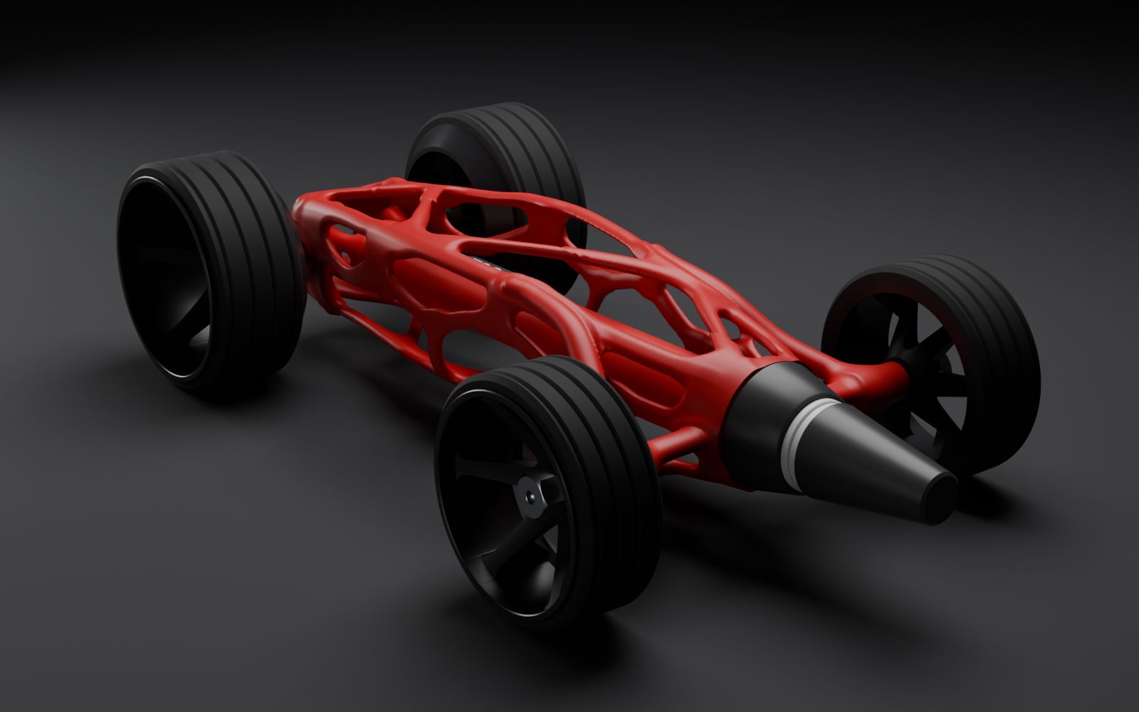 Red chassis with black wheels.