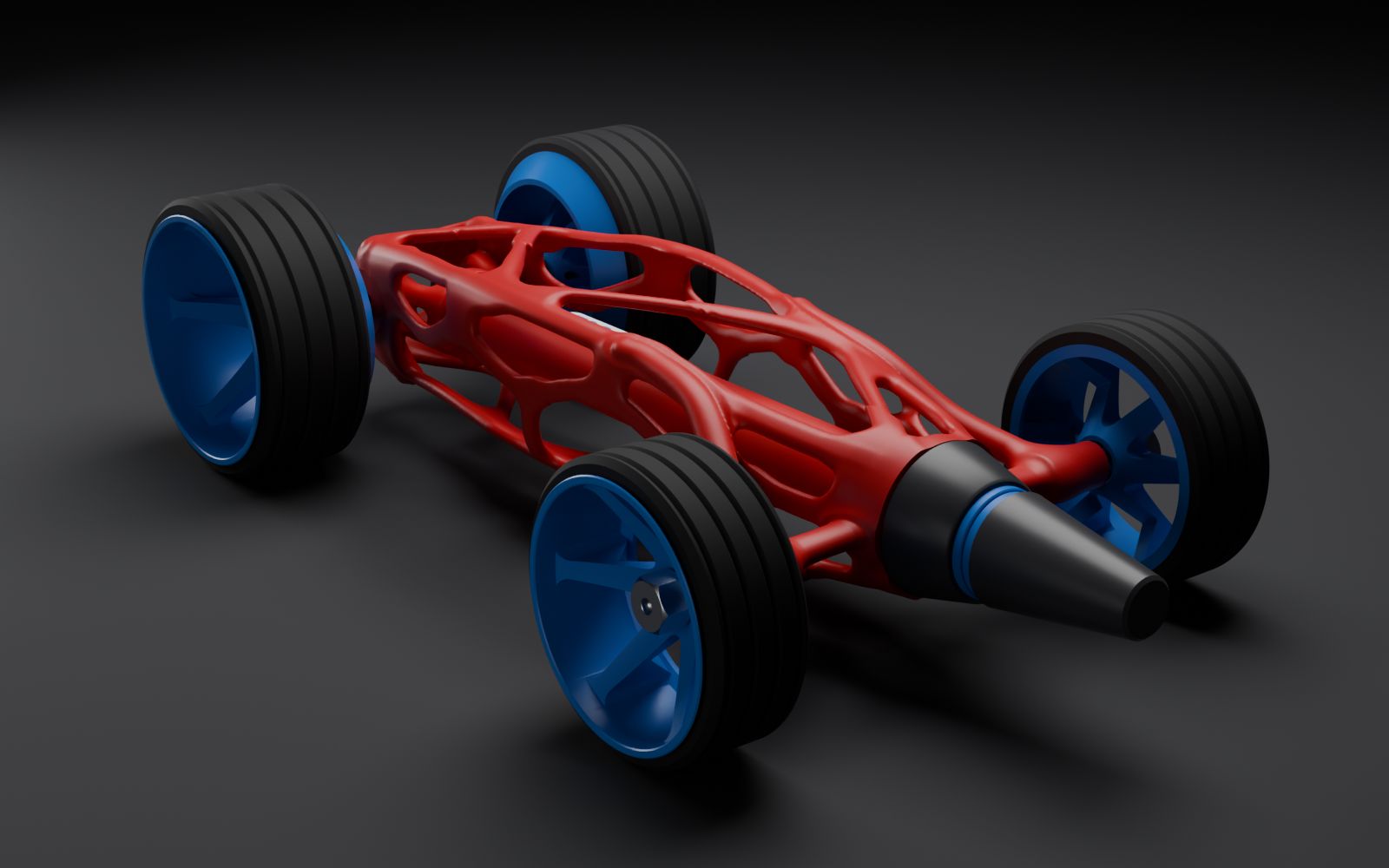 Red chassis with solid blue wheels.