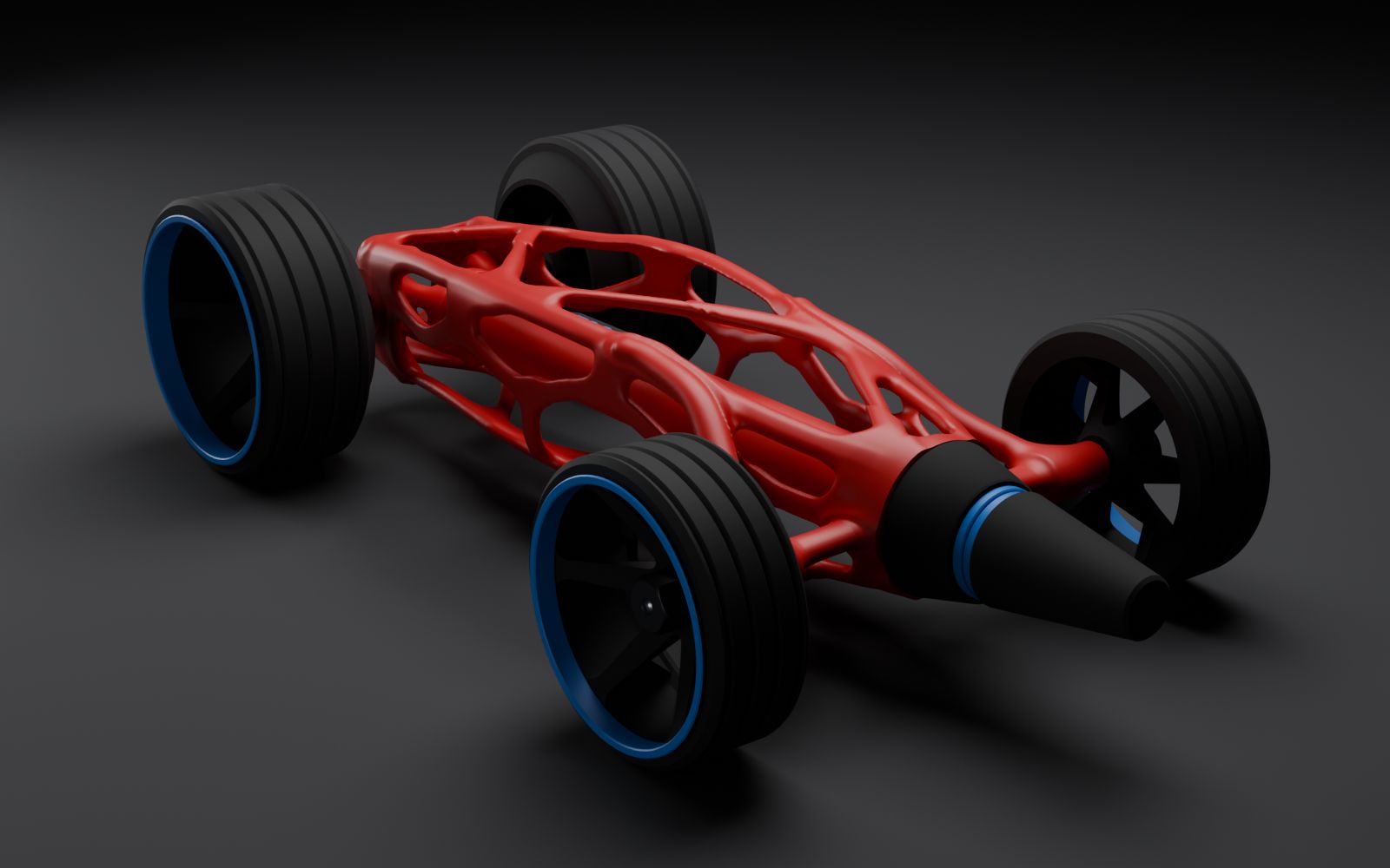 Red chassis with black and blue two-tone wheels.