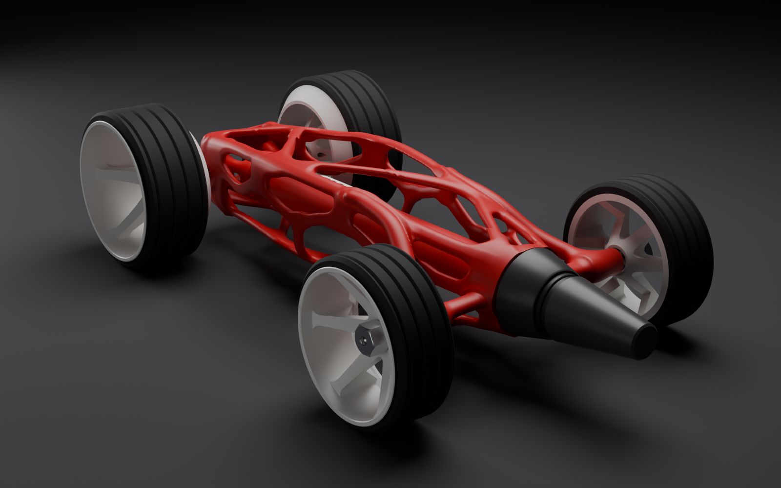 Red chassis with white wheels.
