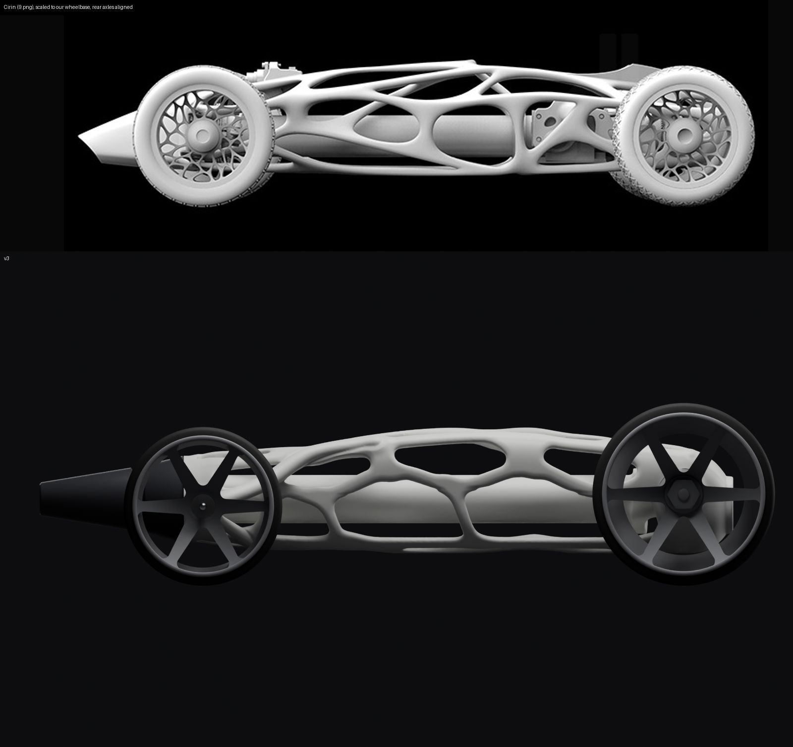 Two side views stacked: above, the Cirin's own gray CAD render; below, TOGOAT v3 at the same wheelbase.