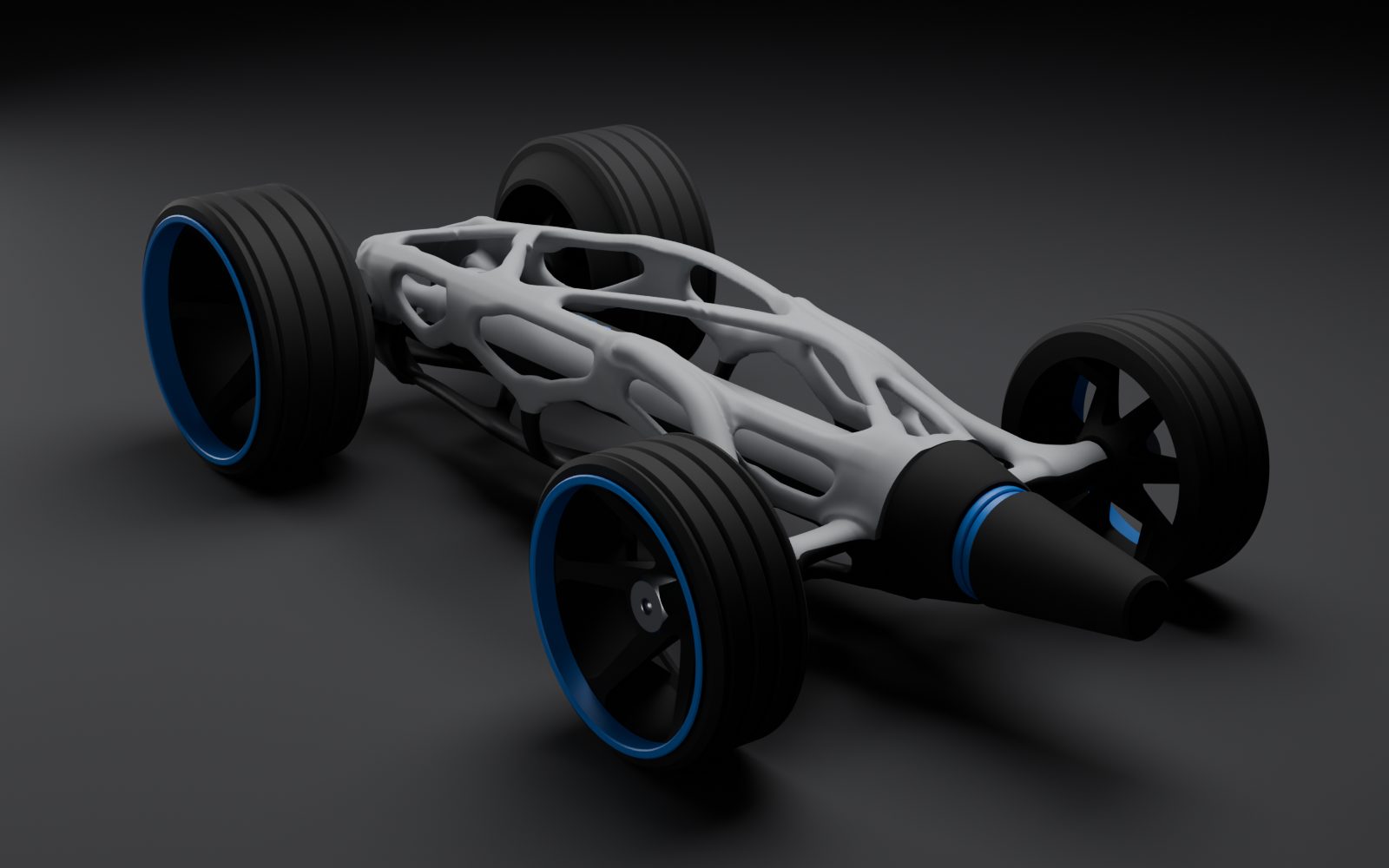 Render of TOGOAT from the front three-quarter: an open lattice chassis in black and gray around a central tube, deep-dish black wheels with blue lips, a cone nose.