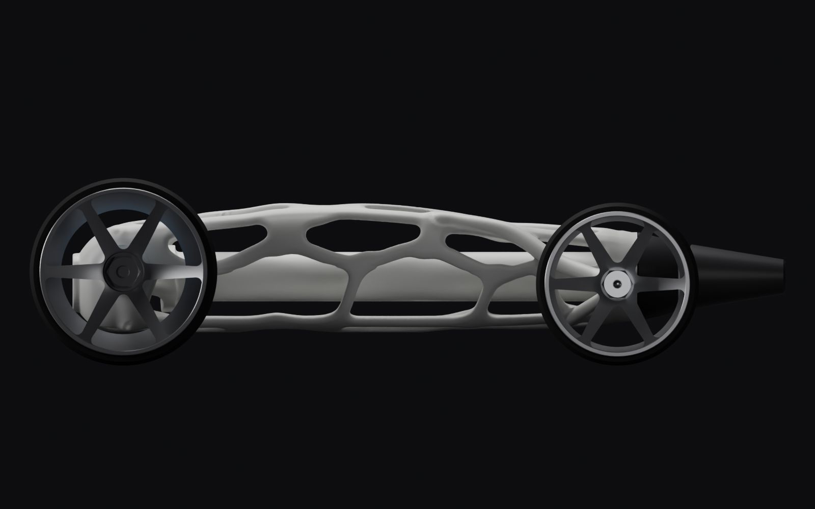 Side render of v3 in white: a low torpedo lattice between six-spoke wheels, the top of the body below the rear tires.
