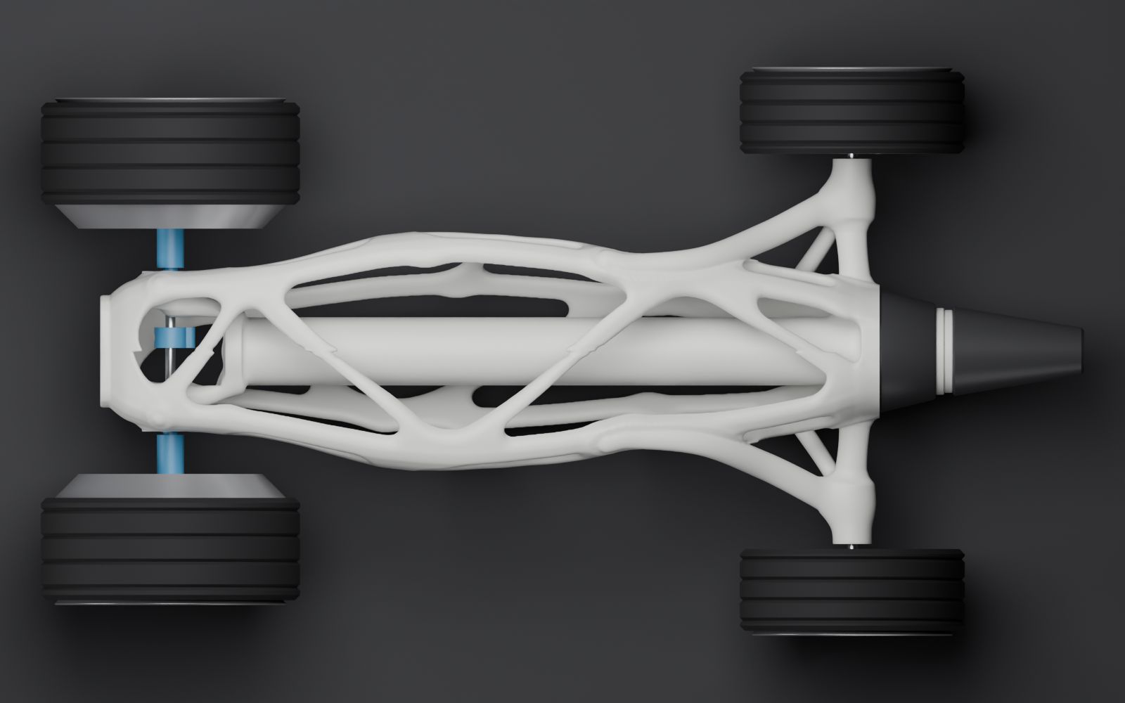 Top render of v3 in white: a T-shaped plan with arms to the front wheels, a waist, and a narrow tail between the rear wheels.