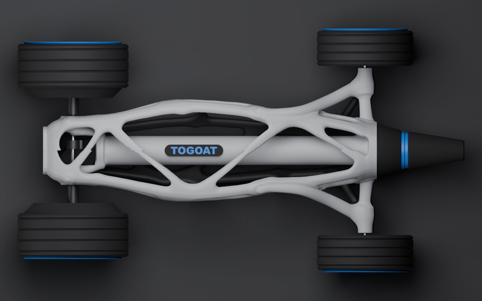 Top render of the as-printed car: gray lattice with a TOGOAT badge on the tube, black and blue wheels.