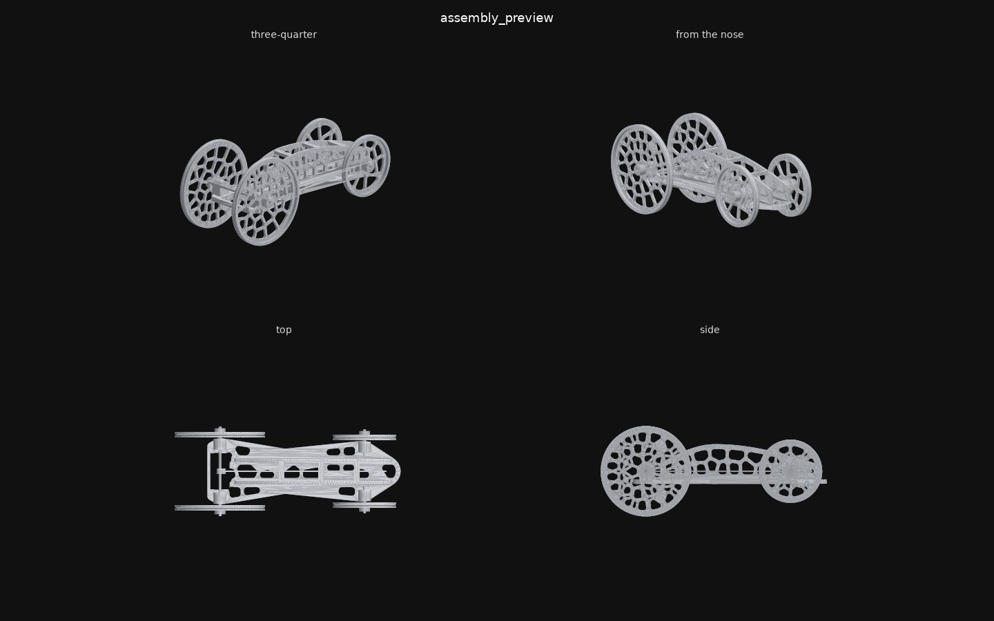 Four gray views of the v1 car: a flat lattice floor with round lattice wheels.