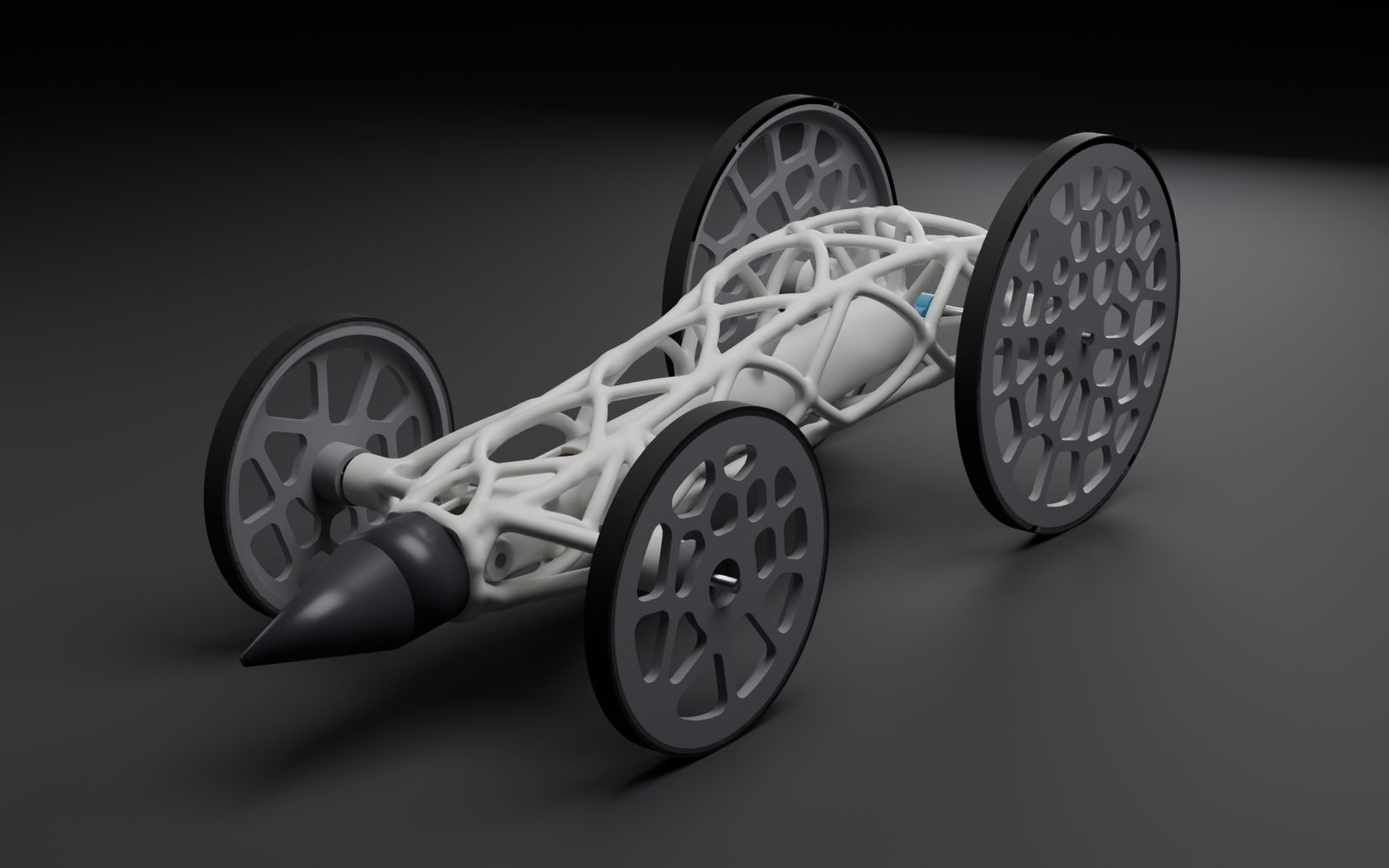 Render of v2: a white braided truss cone around a tube, thin disc wheels full of round holes.